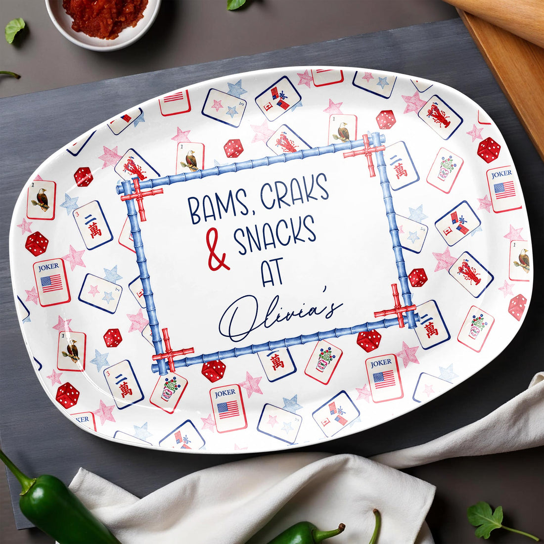 Personalized Mahjong Plate Bams Craks & Snacks with Custom Nmae Gift For Mahjong Lovers