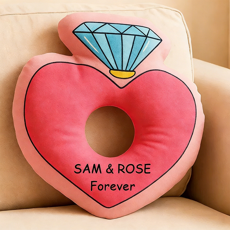Personalized Heart-Shaped Ring Throw Pillow Custom Name Pillow with Diamond Design Romantic Gift for Couples Weddings and Anniversaries