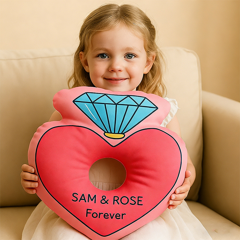 Personalized Heart-Shaped Ring Throw Pillow Custom Name Pillow with Diamond Design Romantic Gift for Couples Weddings and Anniversaries