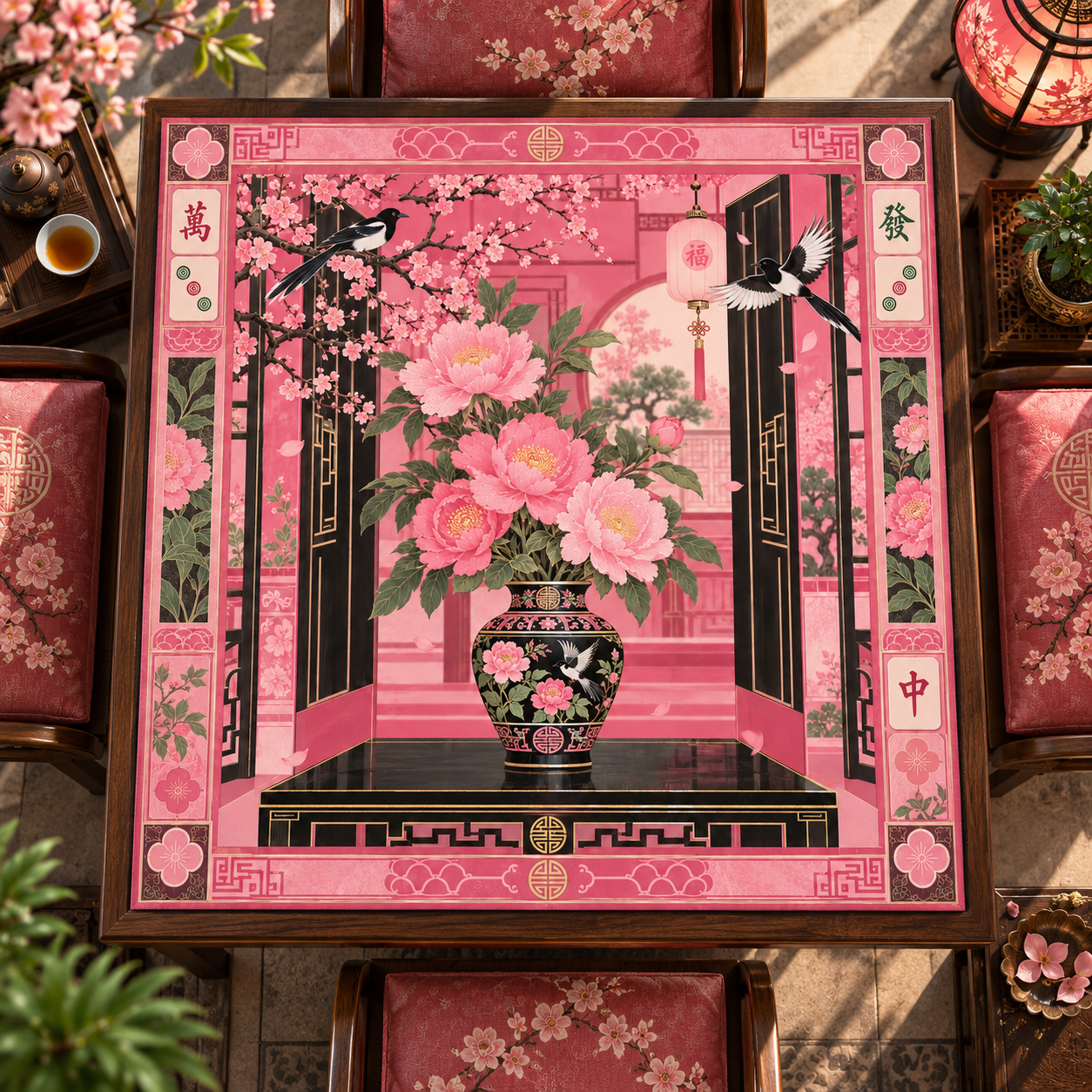 Pink Peony Mahjong Mat Oriental Blossom Edition