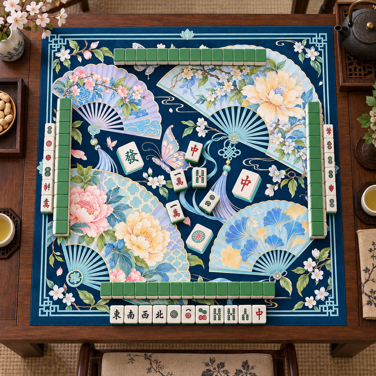 New Chinese Style Floral Shadow Folding Fan Mahjong Mat