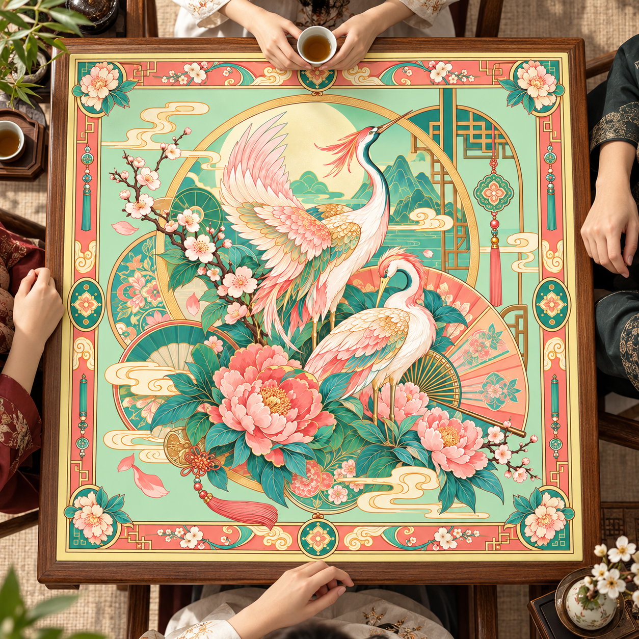 Traditional Style Crane and Peony Mahjong Mat