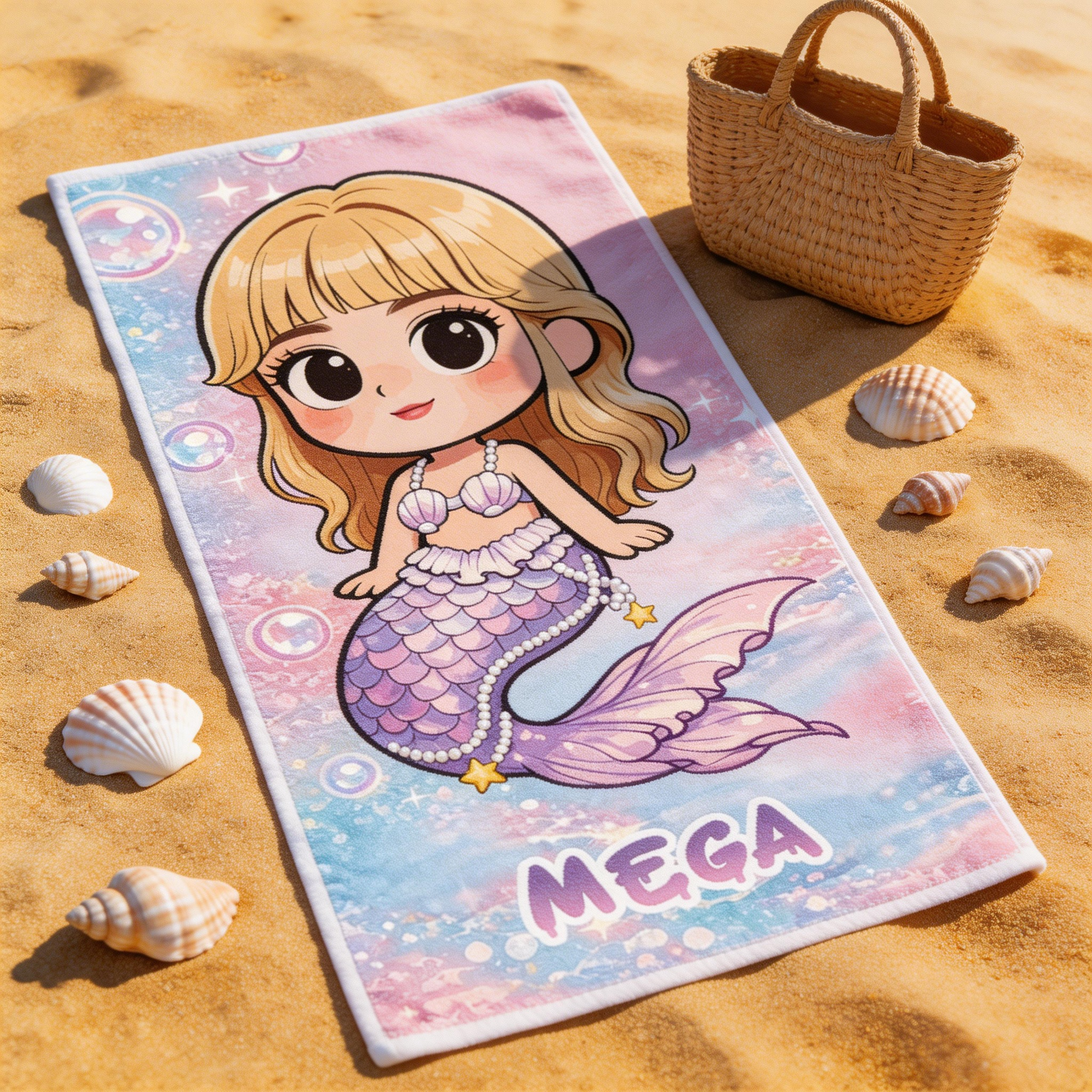 Personalized Cute Mermaid Cartoon Towel Custom Photo Kids Gift for Summer Swimming Pool Fun Beach Towel