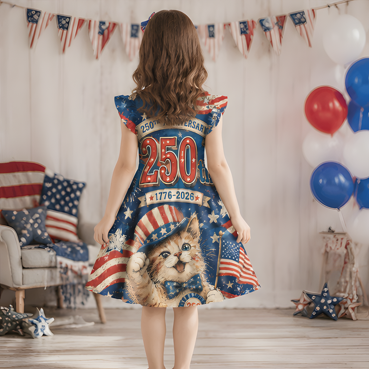 Personalized USA 250th Anniversary Eagle Flag Stars Vintage Patriotic Celebration Independence Day Coquette Ruffle Dress