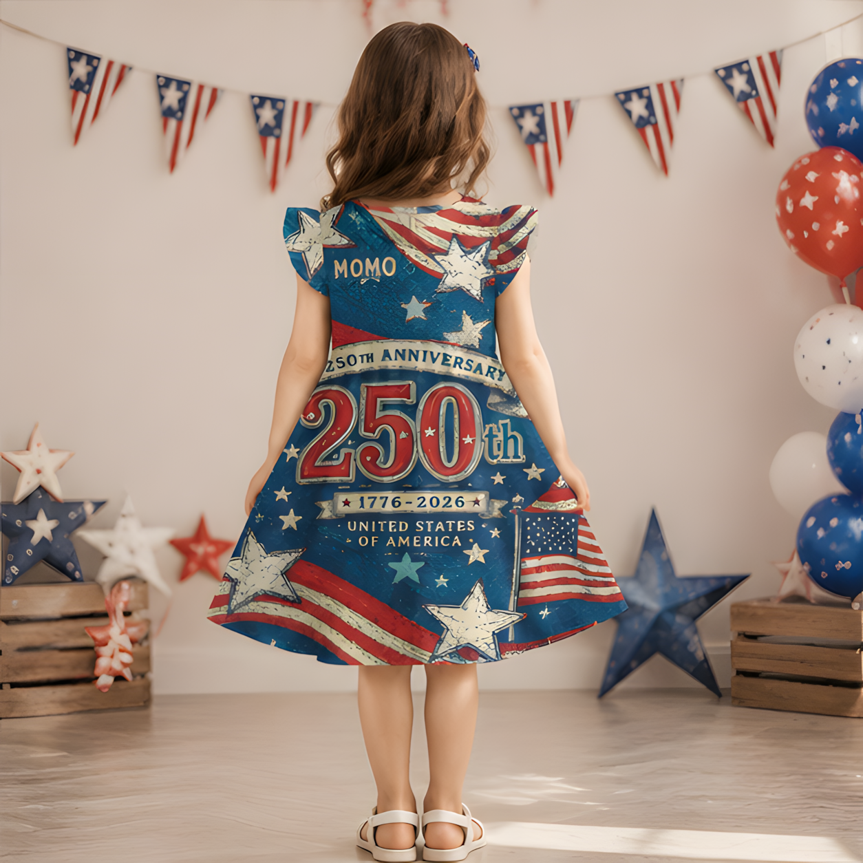 Personalized America 250 Years Bold Number Stars Stripes Fireworks Vintage Patriotic Independence Day Coquette Ruffle Dress