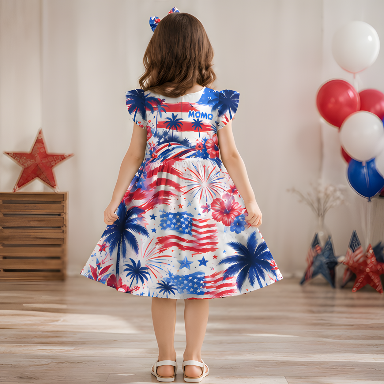 Personalized Red White And Blue Fireworks Stars Stripes Tie Dye Patriotic Fourth Of July Independence Coquette Ruffle Dress