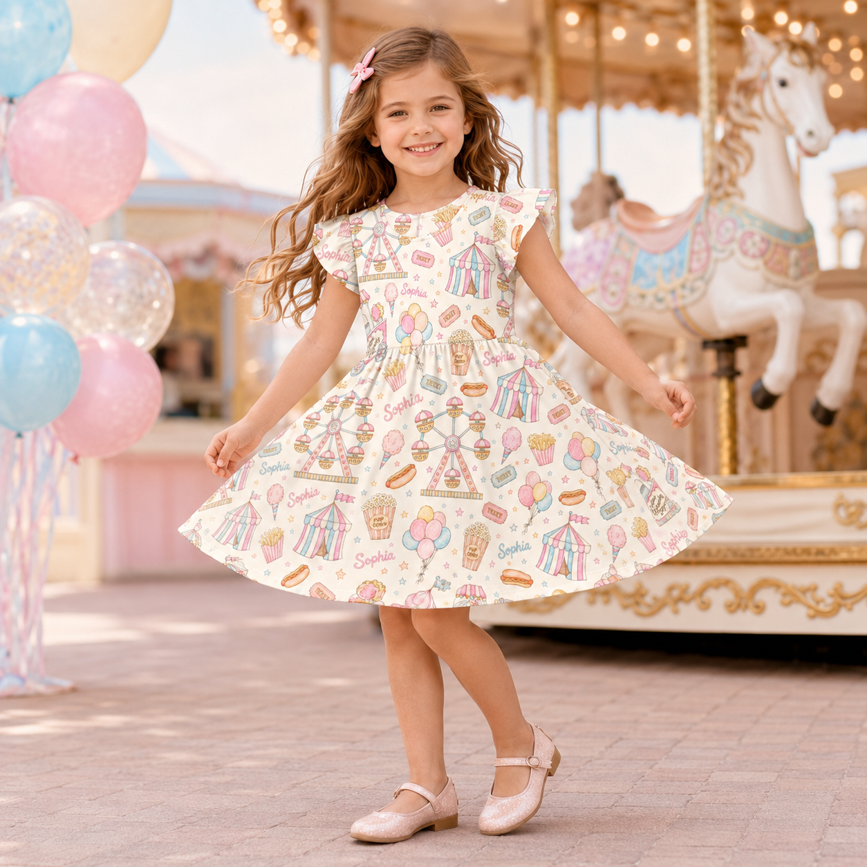 Personalized Pastel Carousel Horses Balloons Bows Fairytale Princess Theme Birthday Party Twirl Coquette Ruffle Dress