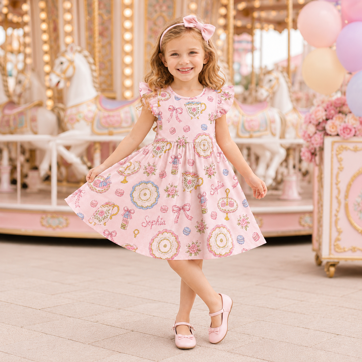 Personalized Princess Tea Party Teapots Cupcakes Crowns Castles Pink Pastel Fairytale Birthday Twirl Coquette Ruffle Dress
