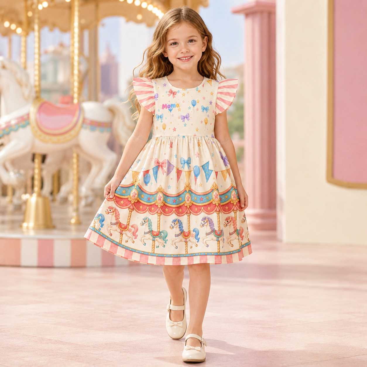 Personalized Pastel Carousel Horses Bows Hearts Stars Princess Fairytale Birthday Party Coquette Ruffle Dress
