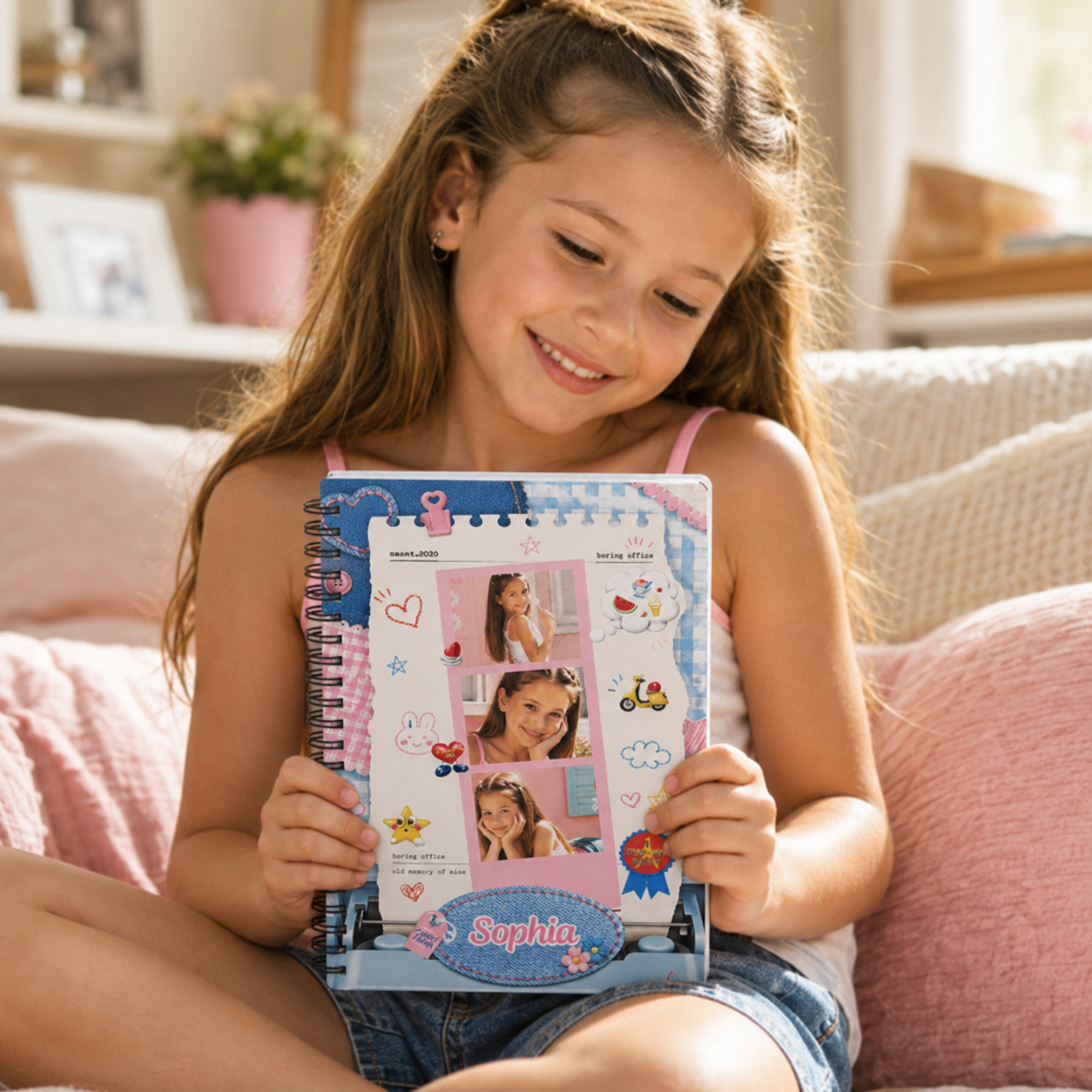 Personalized Cute Kids Photo Collage Fun Doodle Style Cartoon Icons School Memory Journal Gift Spiral Notebook