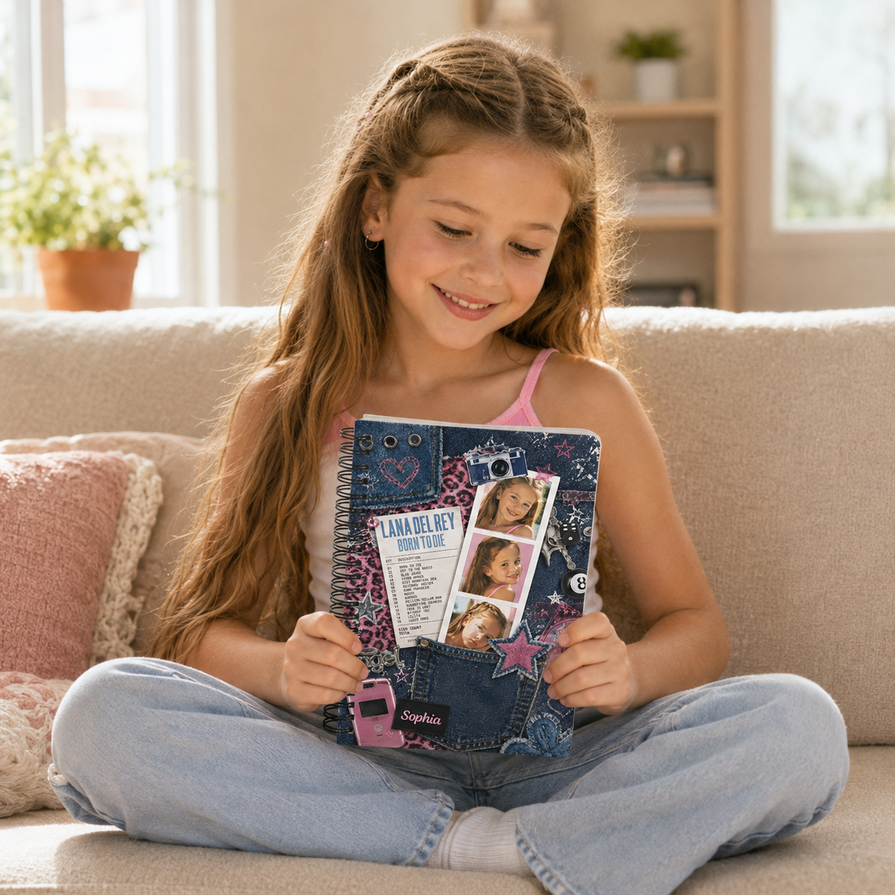 Personalized Teen Girl Photo Collage Graffiti Style Denim Stars Music Lover School Memory Journal Spiral Notebook