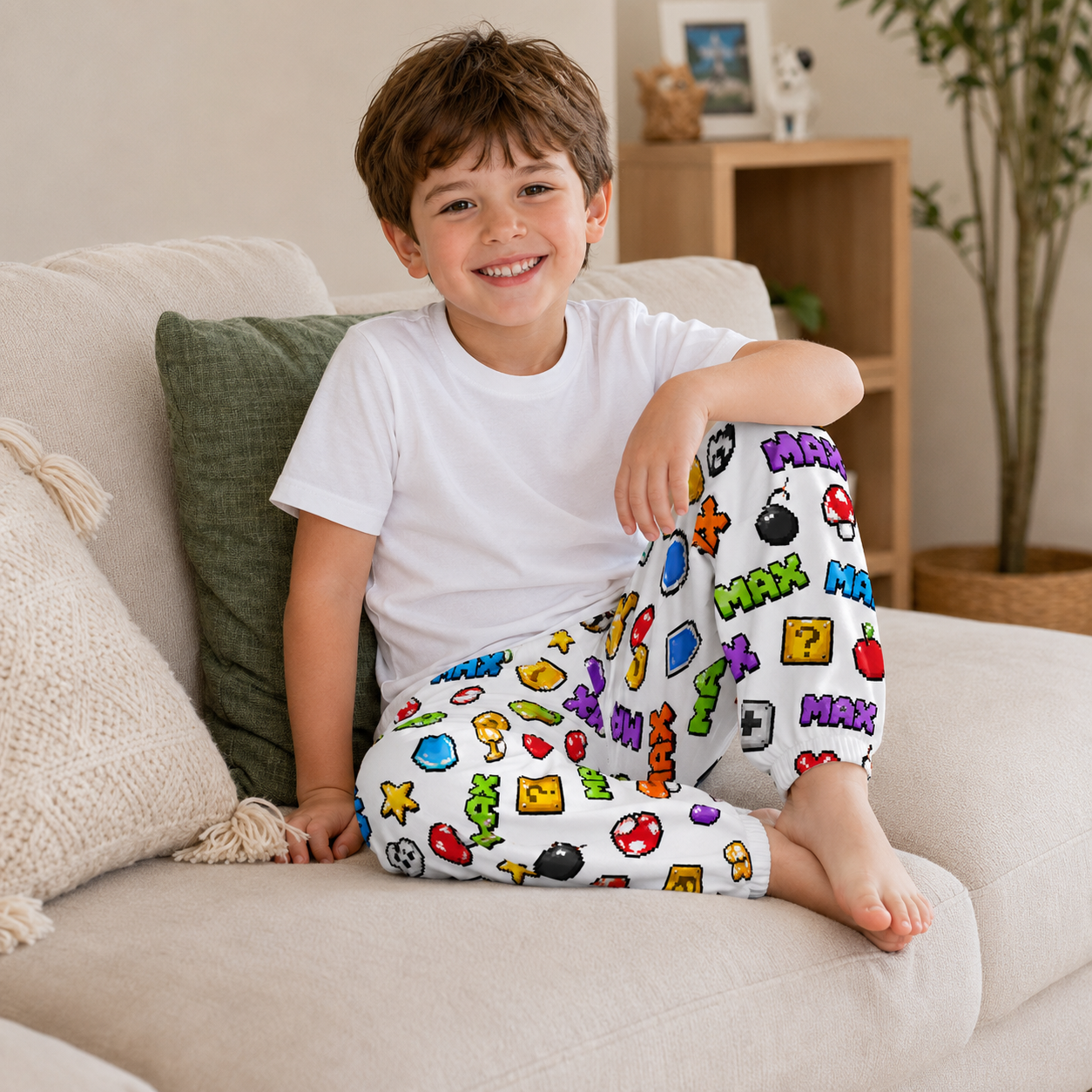 Personalized Colorful Cartoon Smiley Face Fun Elastic Waist Toddler Kids Casual Lounge Sweatpants Design