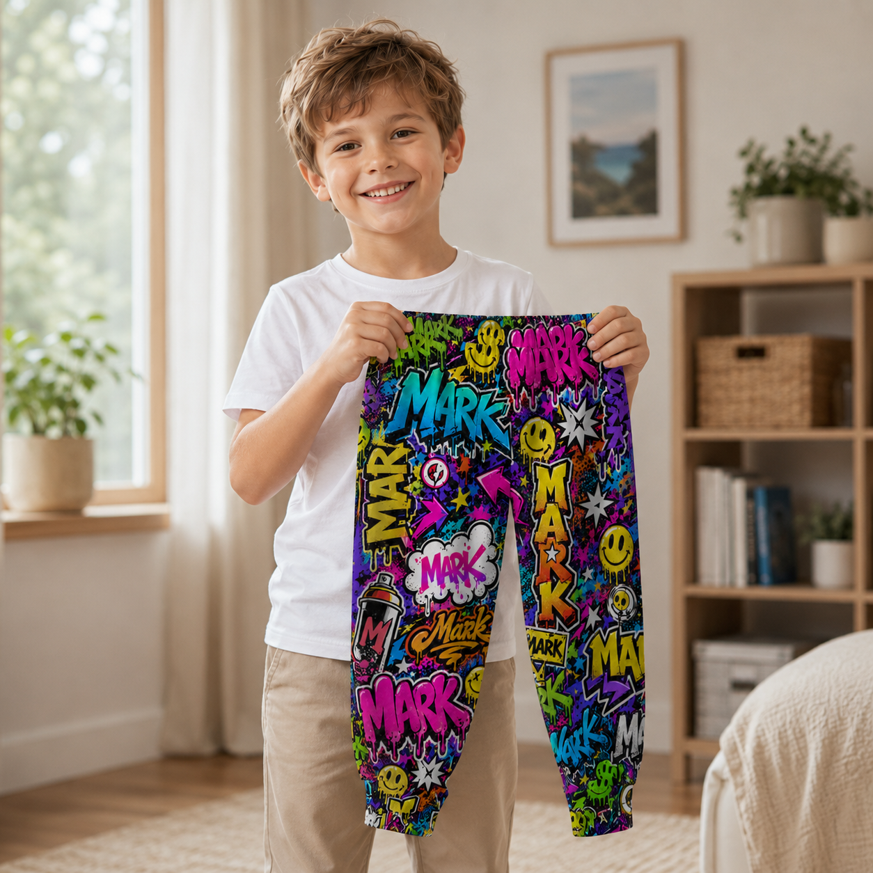 Personalized Custom Name Colorful Graffiti Street Art Neon Smile Pattern Boys Elastic Waist Kids Jogger Sweatpants Design