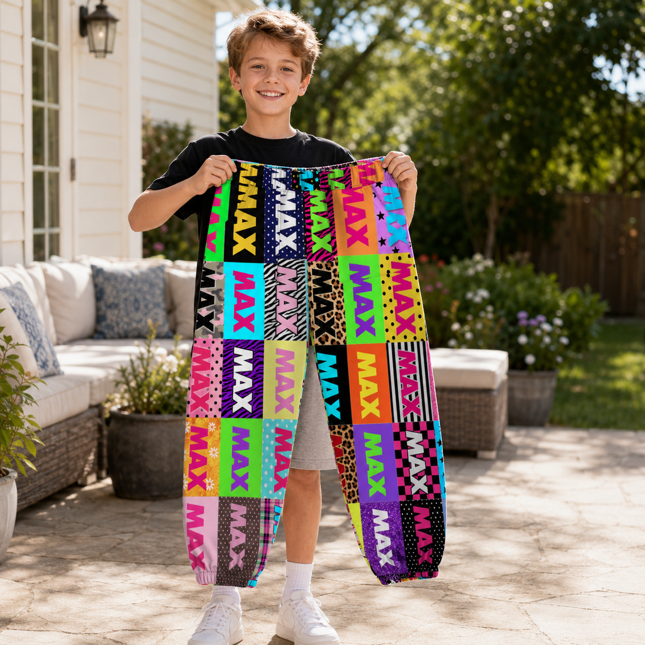 Personalized Colorful Block Letter Name Print Neon Squares Boys Girls Elastic Waist Kids Jogger Sweatpants Design