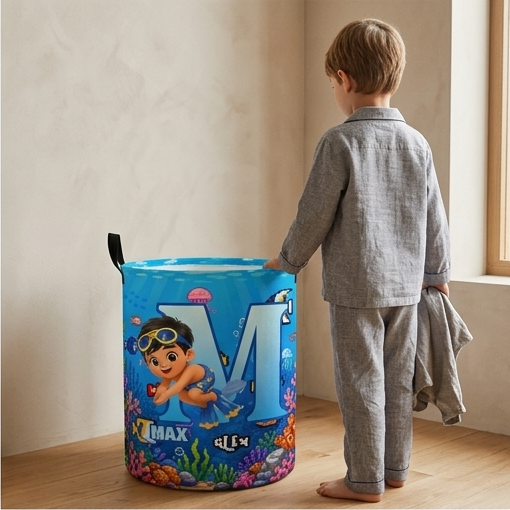 Personalized Kid Initial Laundry Basket Ocean Underwater Scuba Diver Kids Room Storage Bin Toy Clothes Organizer For Nursery Bedroom