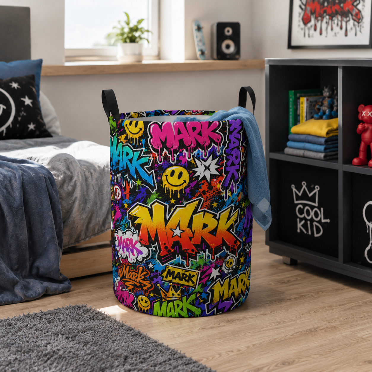 Personalized Graffiti Name Laundry Basket Teen Room Storage Bin Colorful Street Art Smiley Cool Kid Clothes Toy Organizer