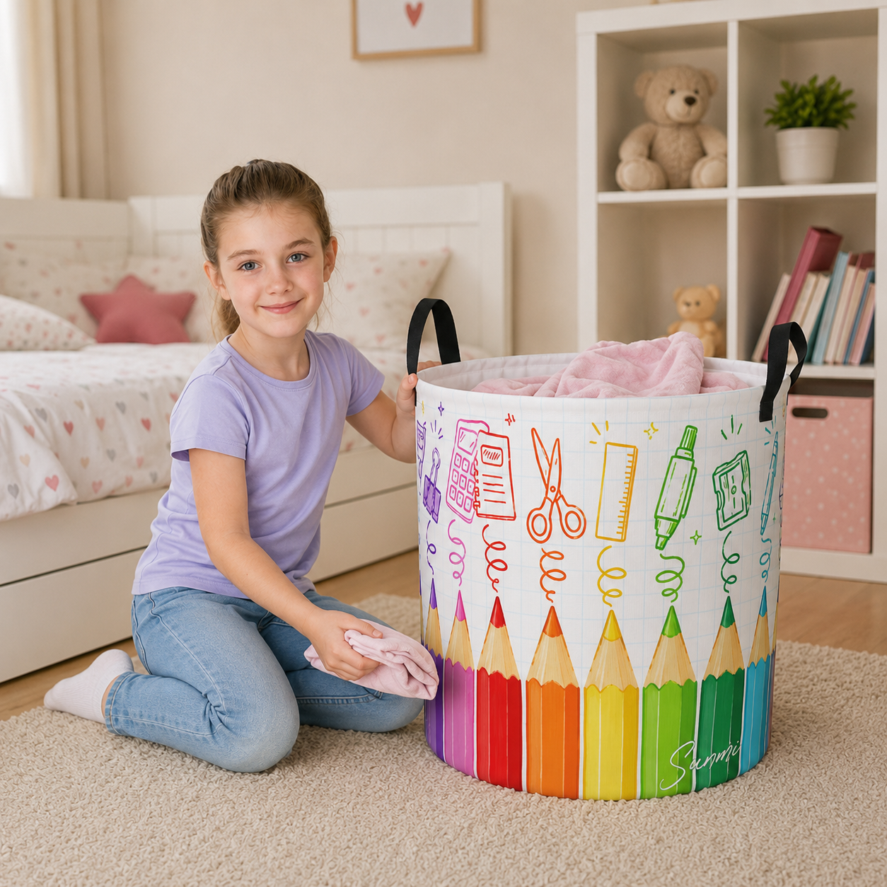 Personalized Rainbow Pencil Laundry Basket Kids Room Storage Bin Colorful Crayon School Supplies Name Toy Clothes Organizer
