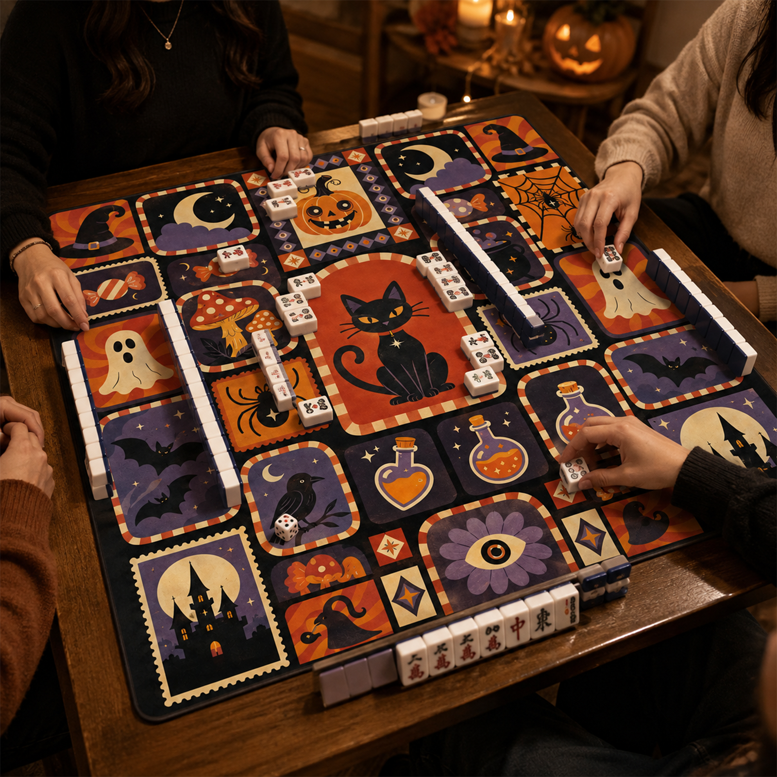 Retro Halloween Patchwork Mahjong Mat Vintage Black Cat & Spooky Icon Grid Design Square Game Table Pad for Mahjong & Cards