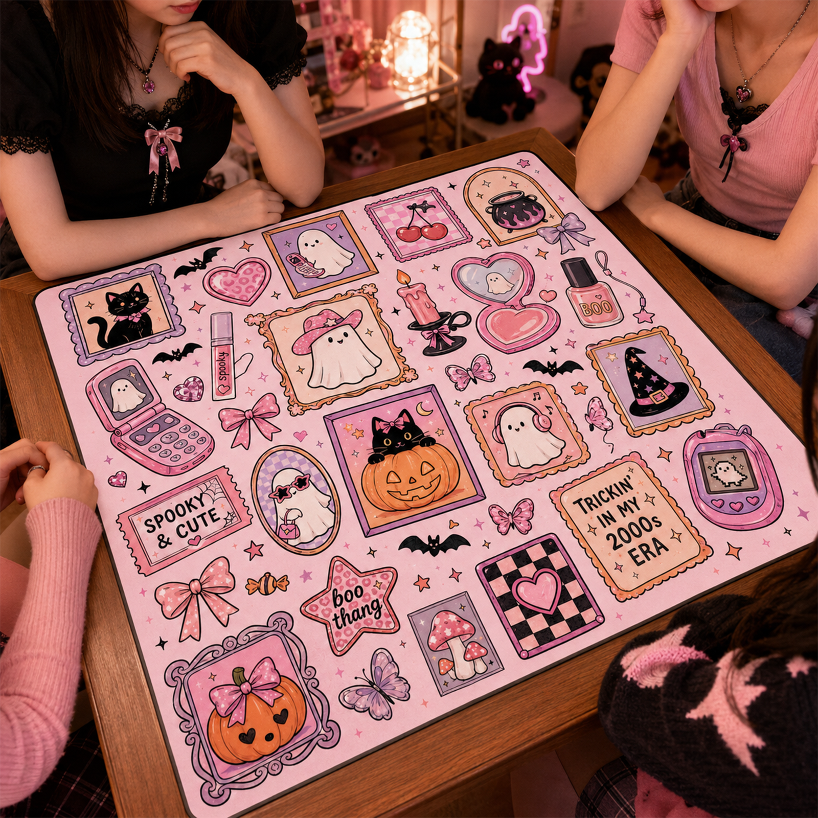 Pink Y2K Halloween Mahjong Mat Spooky & Cute" 2000s Retro Ghost & Black Cat Sticker Collage Square Game Table Pad