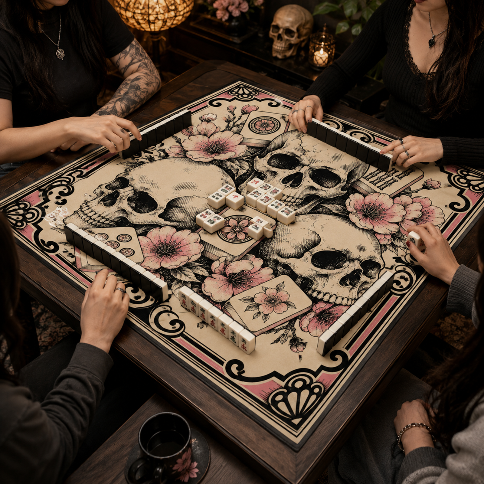 Skull & Mahjong Tile Mahjong Mat Gothic Engraving Style with Cherry Blossoms Dark Floral Square Game Table Pad