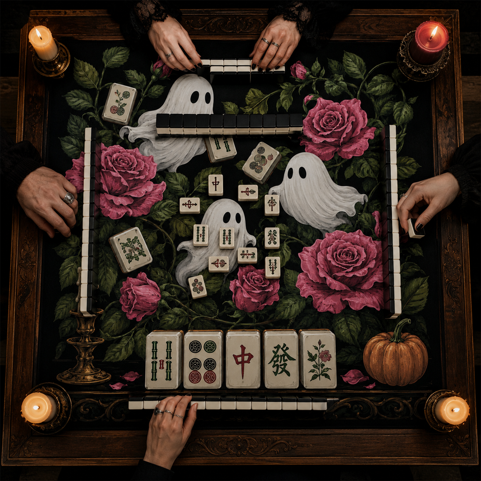 Gothic Ghost & Roses Mahjong Mat Dark Floral Halloween Design with Mahjong Tiles & Spirits Square Game Table Pad