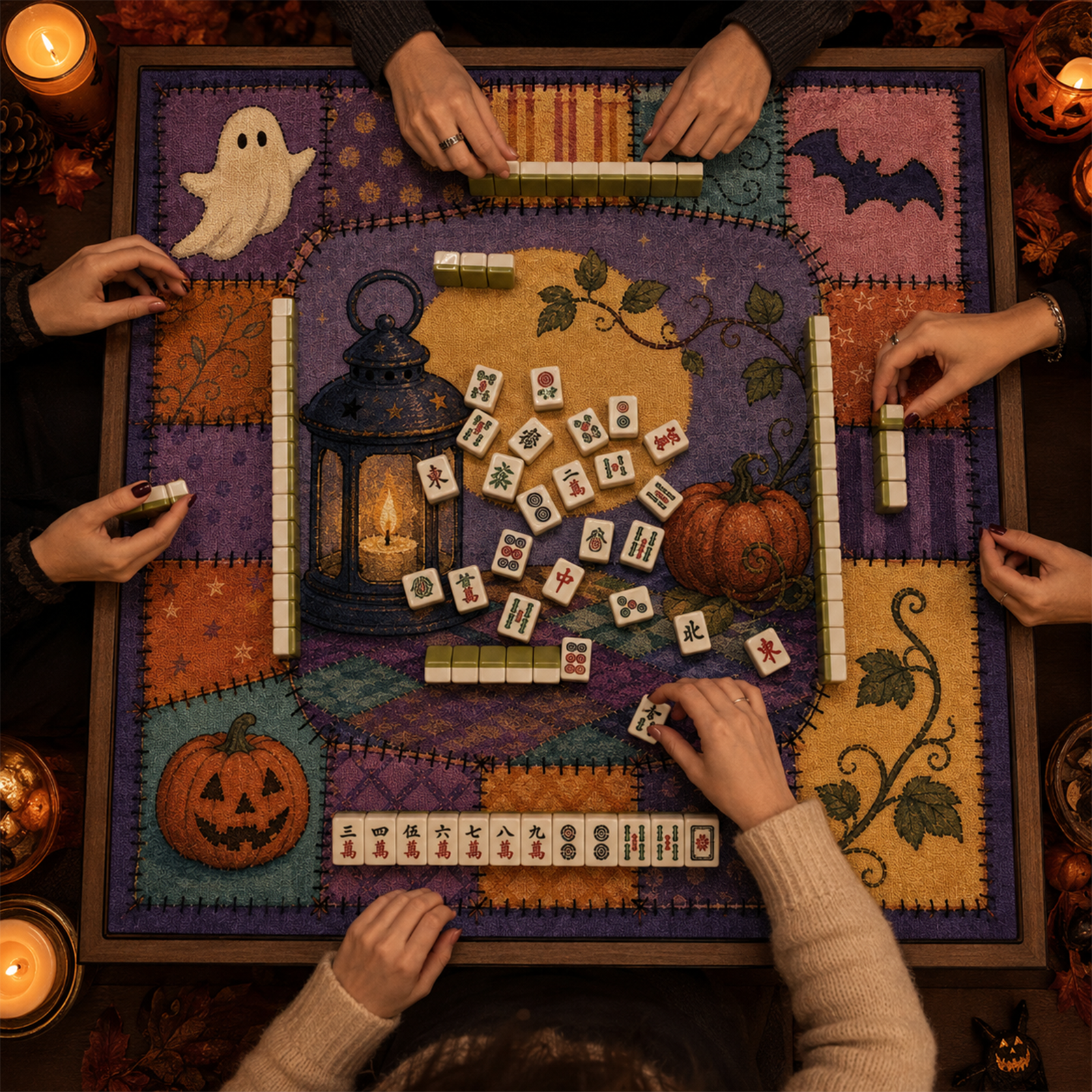 Halloween Patchwork Quilt Mahjong Mat Cozy Folk Art Design with Mahjong Tiles Lantern & Moonlight Square Game Table Pad