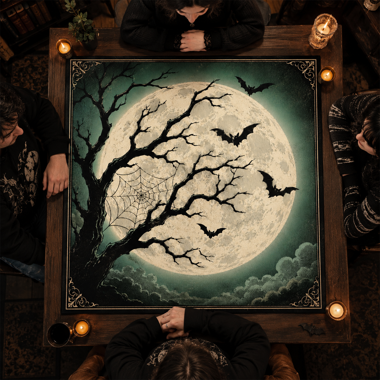 Full Moon & Bats Mahjong Mat Vintage Gothic Halloween Night Design with Dead Tree & Spiderweb Dark Art Square Game Table Pad