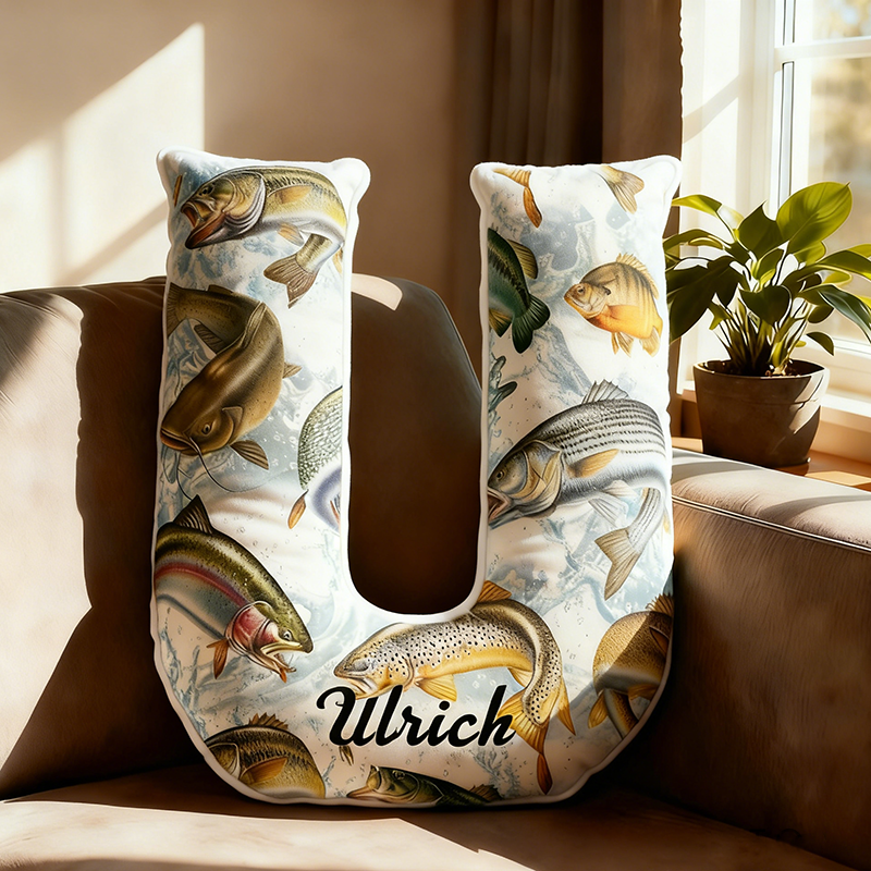 Personalized Fishing Letter Pillow Soft and Cozy with Freshwater Fish Design Custom Name Perfect Gift for Anglers and Home Decor