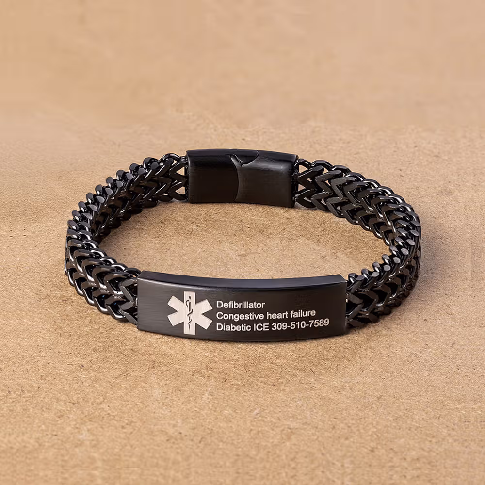 Personalized Men Medical Emergency ID Alert Bracelet with Text Gift for Epilepsy Diabetes Allergy Patients