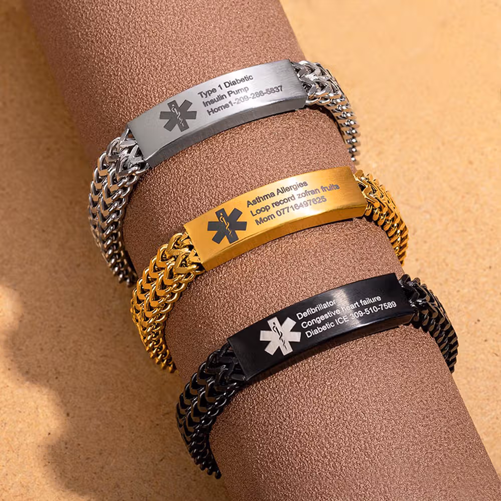 Personalized Men Medical Emergency ID Alert Bracelet with Text Gift for Epilepsy Diabetes Allergy Patients