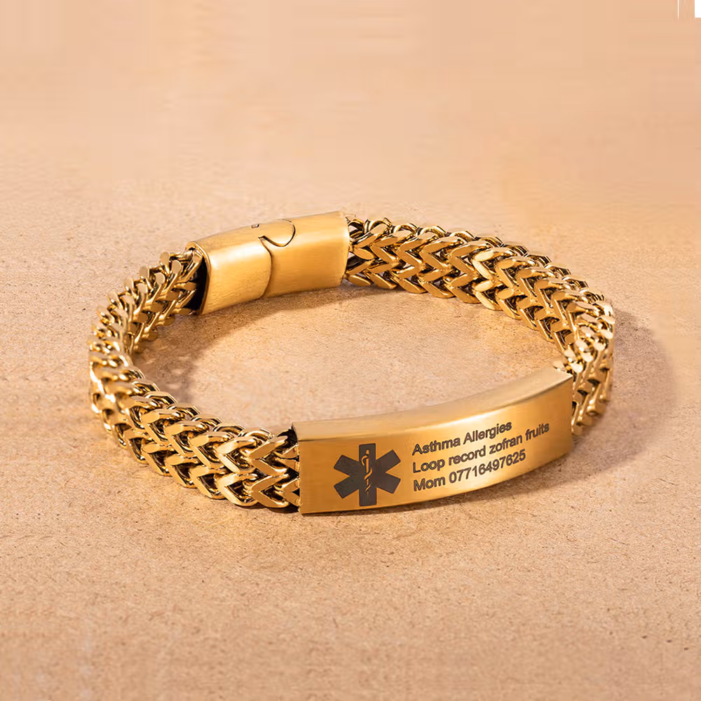 Personalized Men Medical Emergency ID Alert Bracelet with Text Gift for Epilepsy Diabetes Allergy Patients