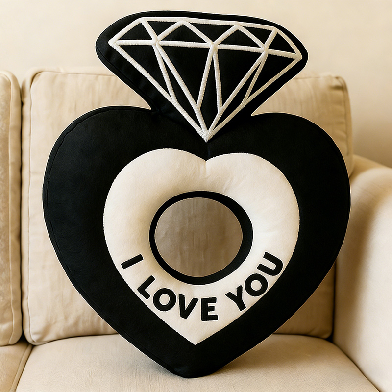 Personalized Heart-Shaped Ring Throw Pillow Custom Name Pillow with Diamond Design Romantic Gift for Couples Weddings and Anniversaries