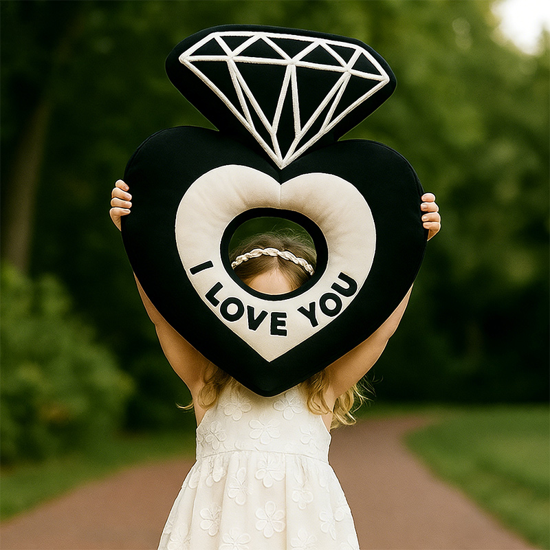 Personalized Heart-Shaped Ring Throw Pillow Custom Name Pillow with Diamond Design Romantic Gift for Couples Weddings and Anniversaries