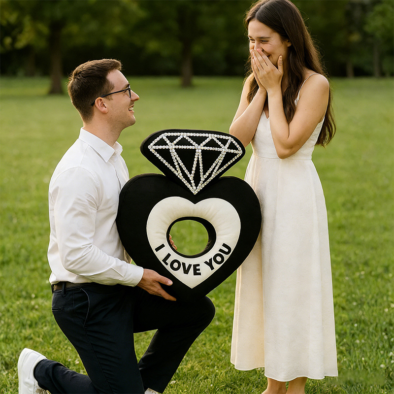 Personalized Heart-Shaped Ring Throw Pillow Custom Name Pillow with Diamond Design Romantic Gift for Couples Weddings and Anniversaries