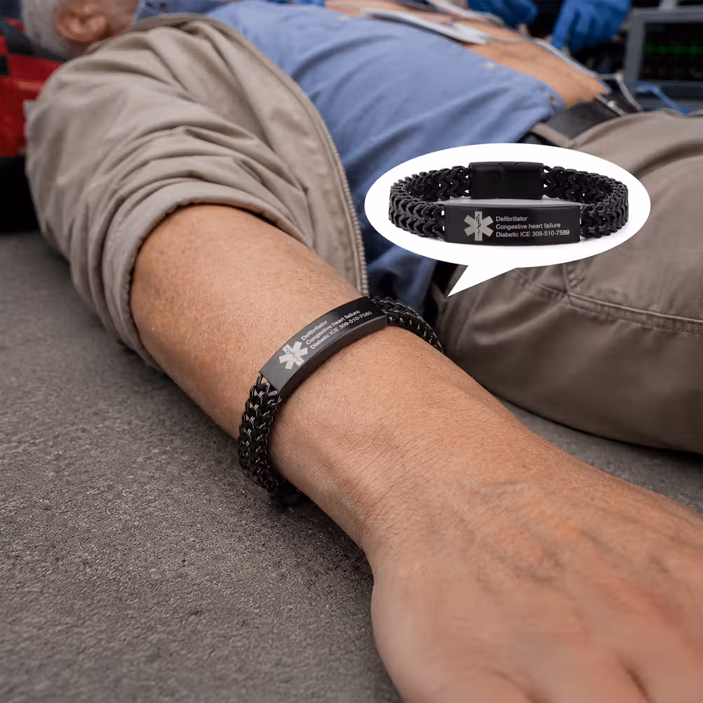 Personalized Men Medical Emergency ID Alert Bracelet with Text Gift for Epilepsy Diabetes Allergy Patients