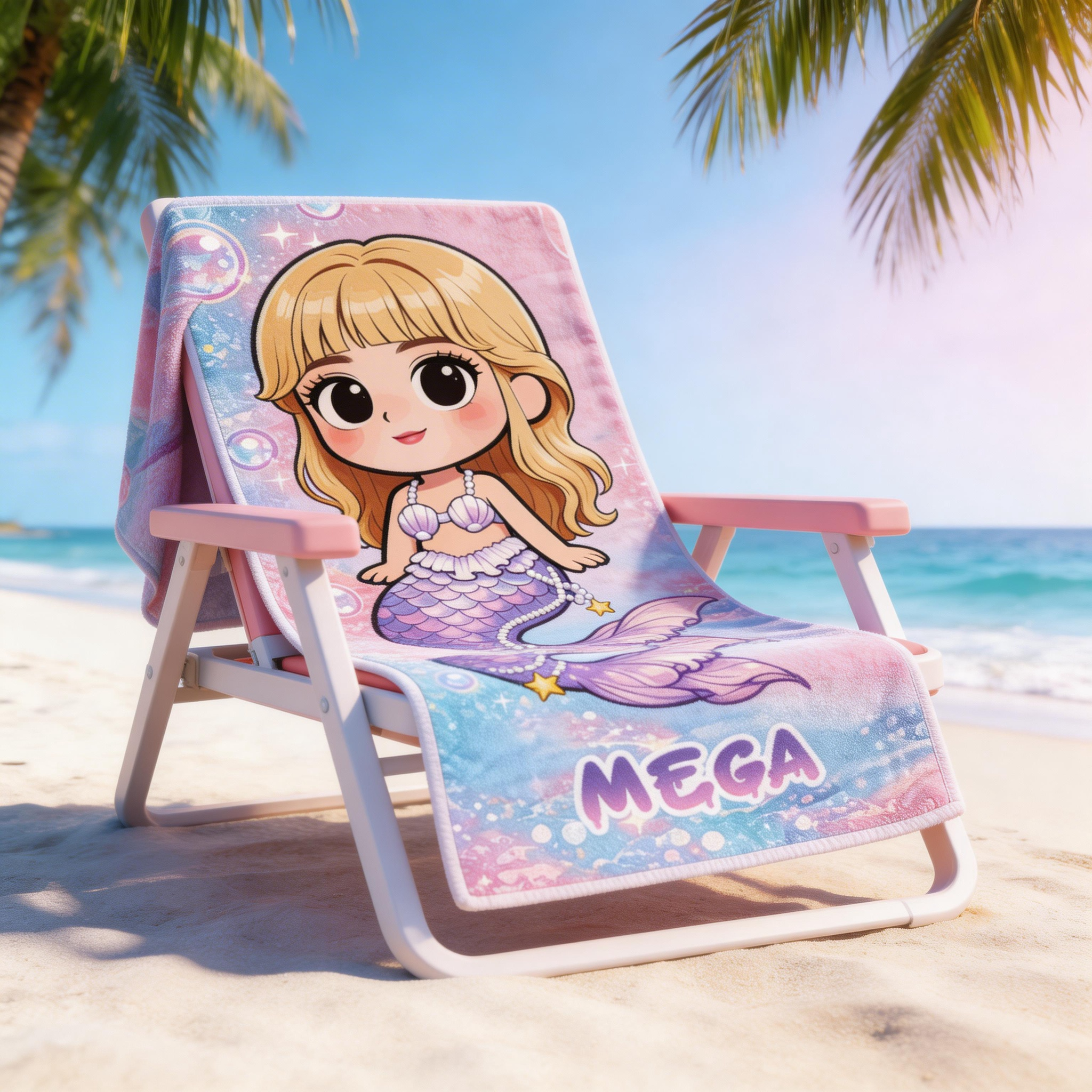 Personalized Cute Mermaid Cartoon Towel Custom Photo Kids Gift for Summer Swimming Pool Fun Beach Towel