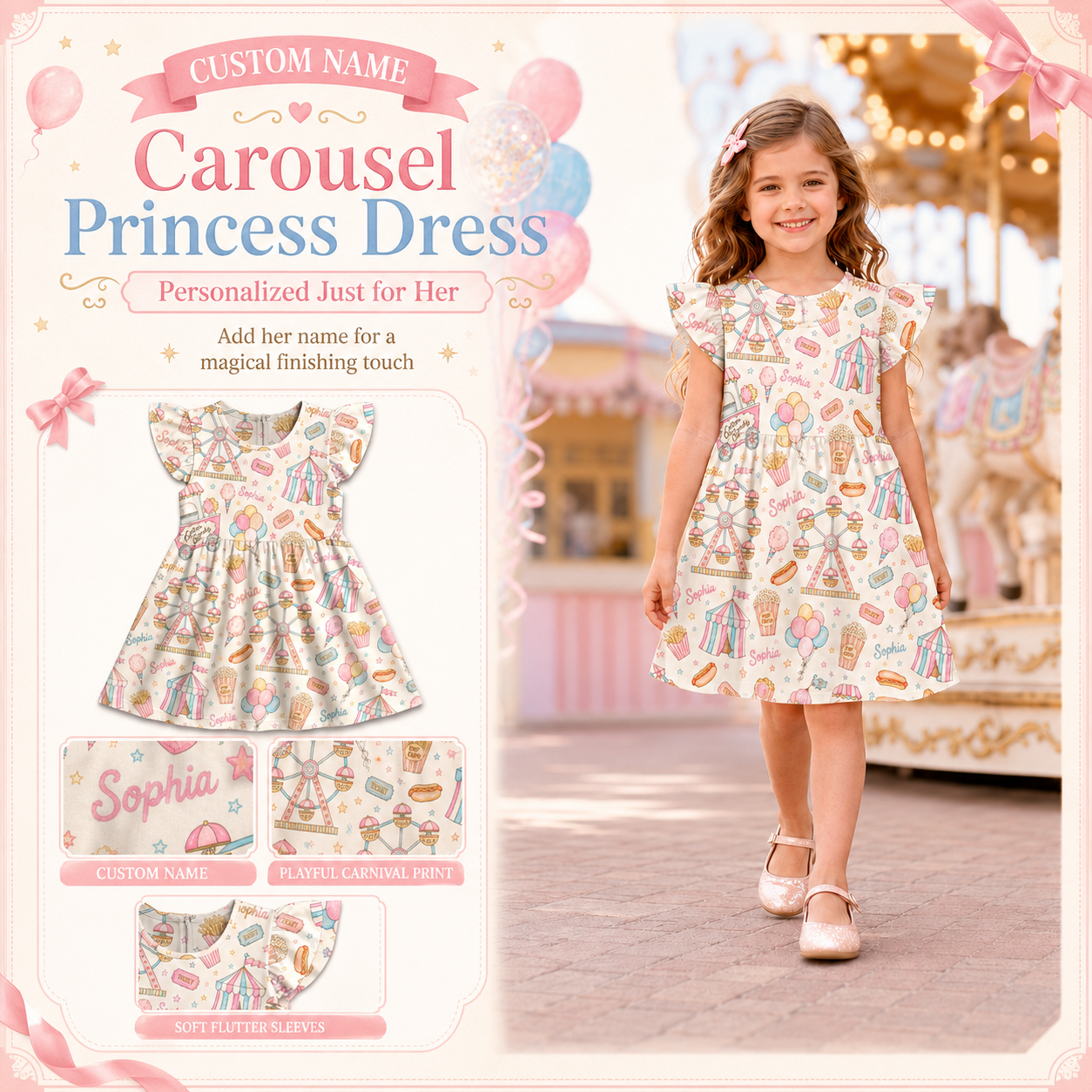 Personalized Pastel Carousel Horses Balloons Bows Fairytale Princess Theme Birthday Party Twirl Coquette Ruffle Dress