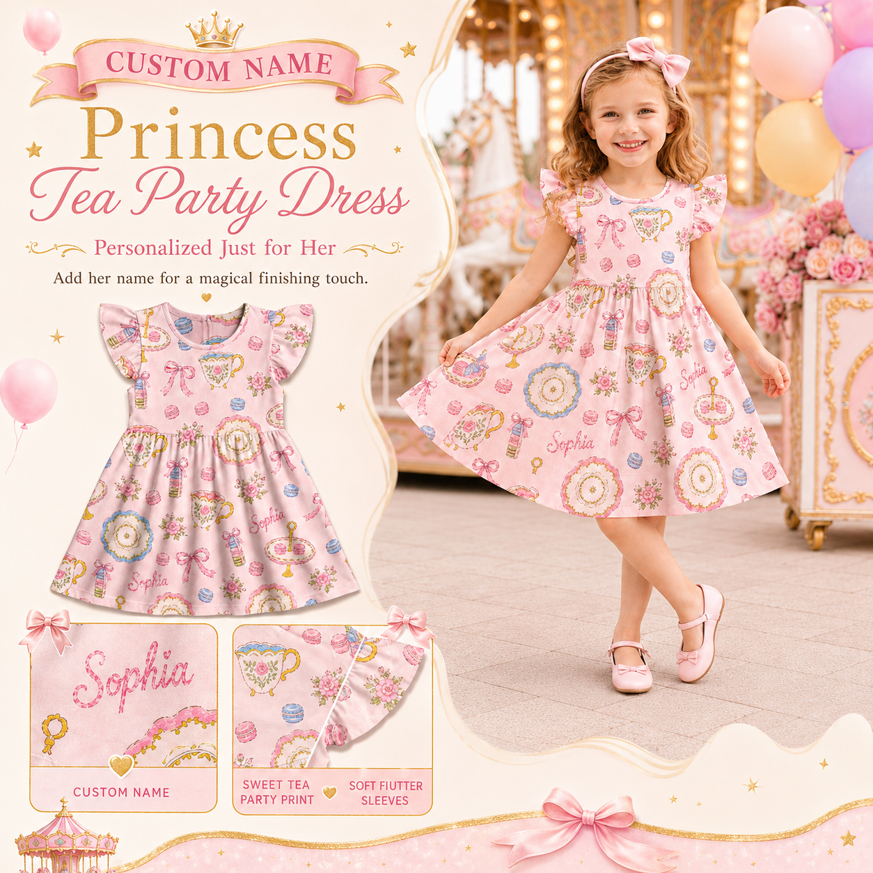 Personalized Princess Tea Party Teapots Cupcakes Crowns Castles Pink Pastel Fairytale Birthday Twirl Coquette Ruffle Dress