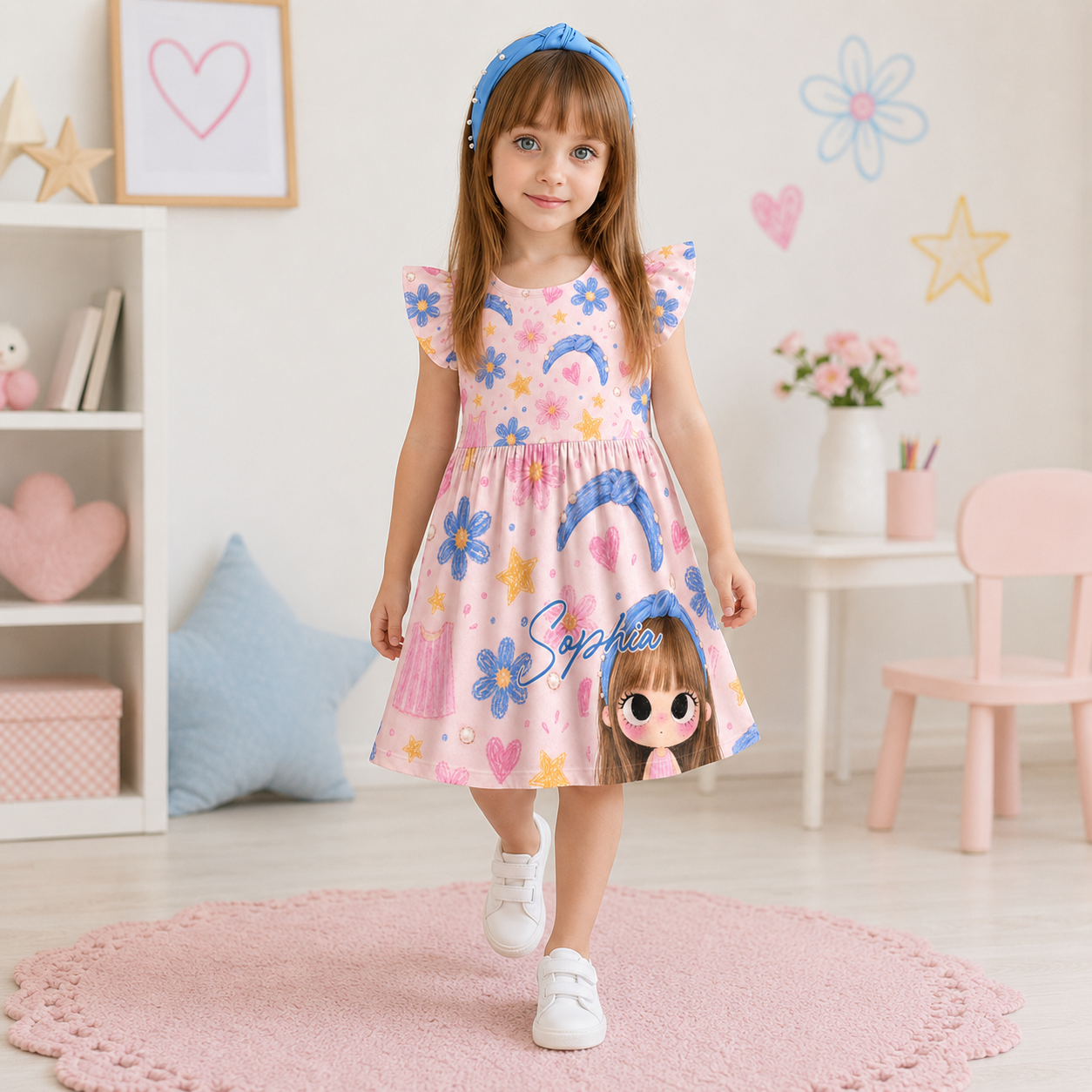 Personalized Custom Photo Cartoon Portrait Stars Hearts Rainbow Pastel Birthday Party Twirl Coquette Ruffle Dress