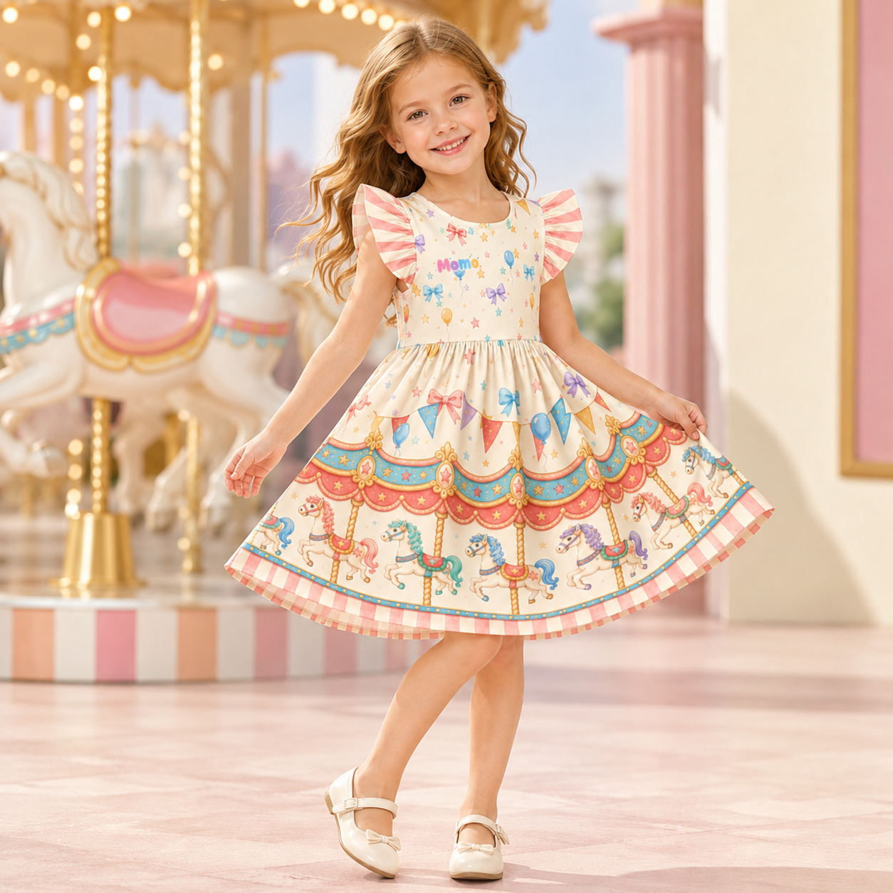 Personalized Pastel Carousel Horses Bows Hearts Stars Princess Fairytale Birthday Party Coquette Ruffle Dress