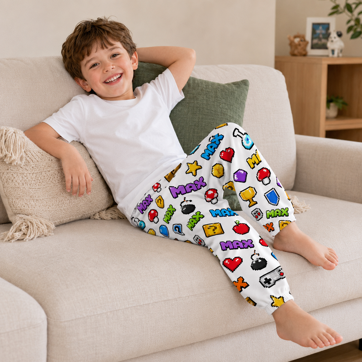 Personalized Colorful Cartoon Smiley Face Fun Elastic Waist Toddler Kids Casual Lounge Sweatpants Design