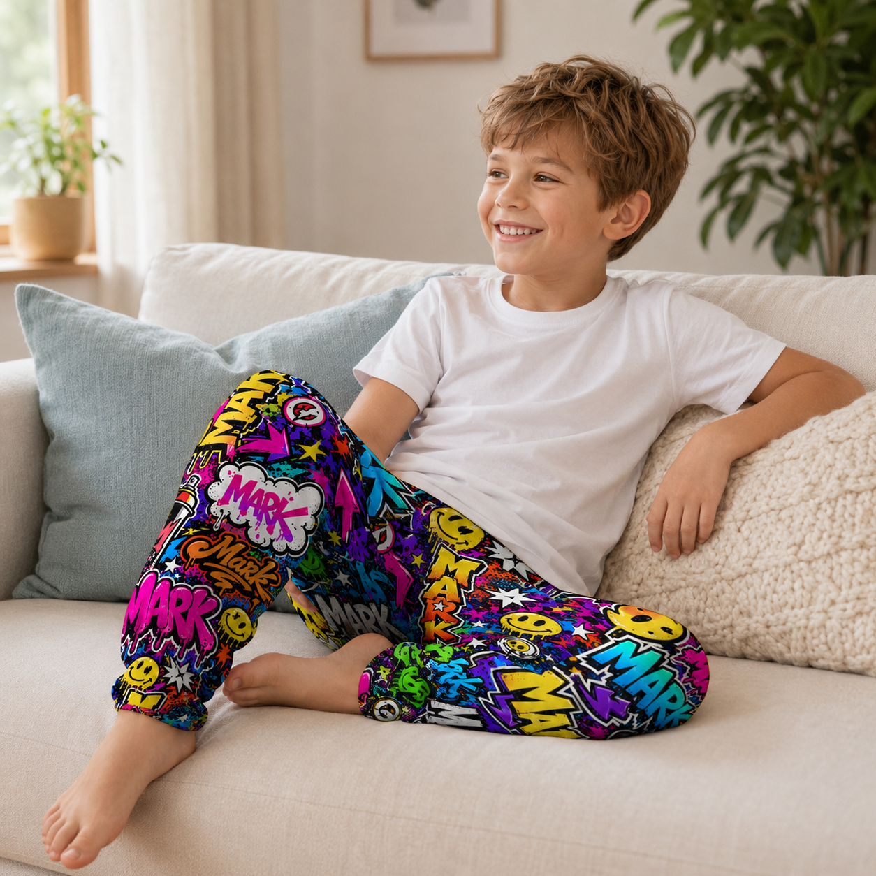 Personalized Custom Name Colorful Graffiti Street Art Neon Smile Pattern Boys Elastic Waist Kids Jogger Sweatpants Design