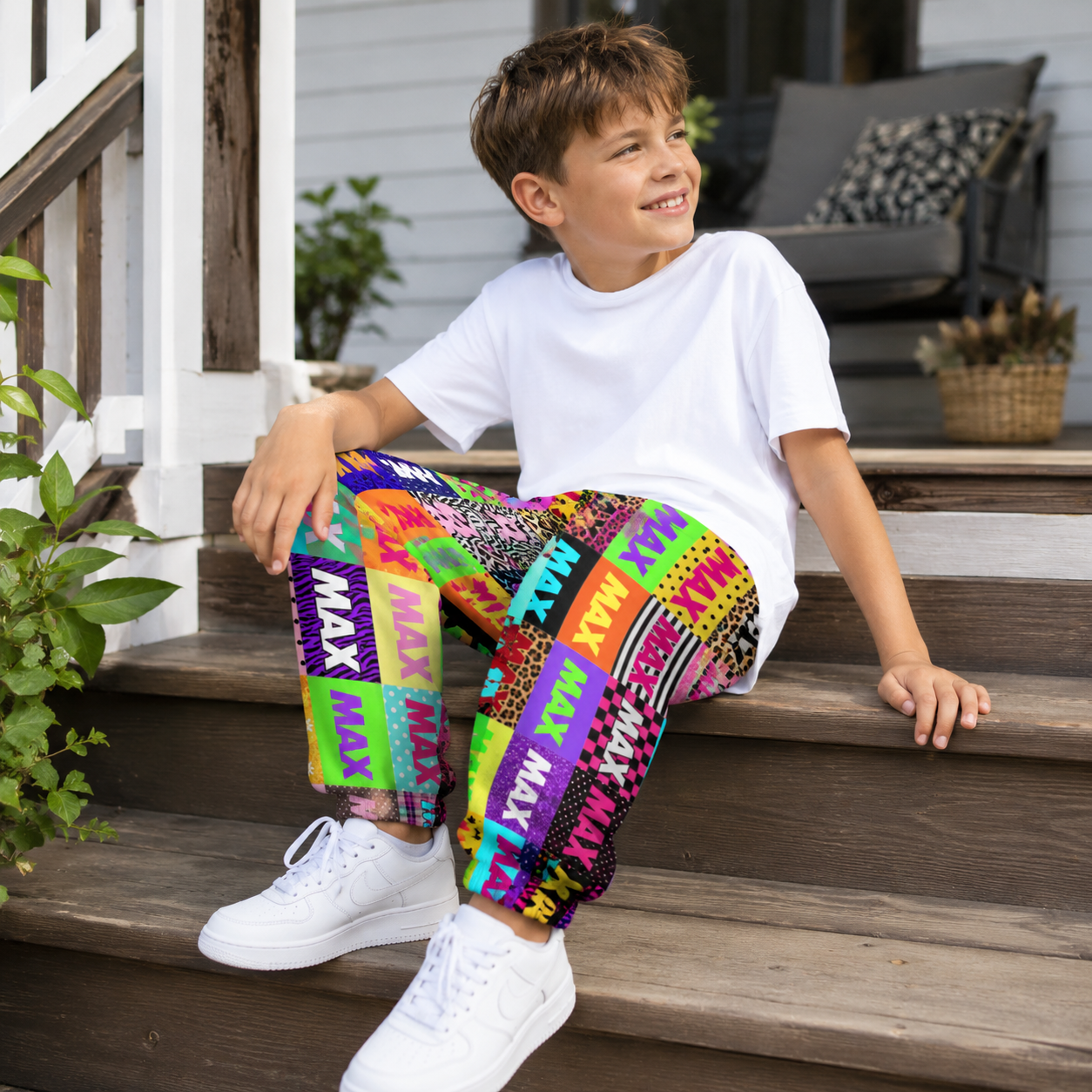 Personalized Colorful Block Letter Name Print Neon Squares Boys Girls Elastic Waist Kids Jogger Sweatpants Design