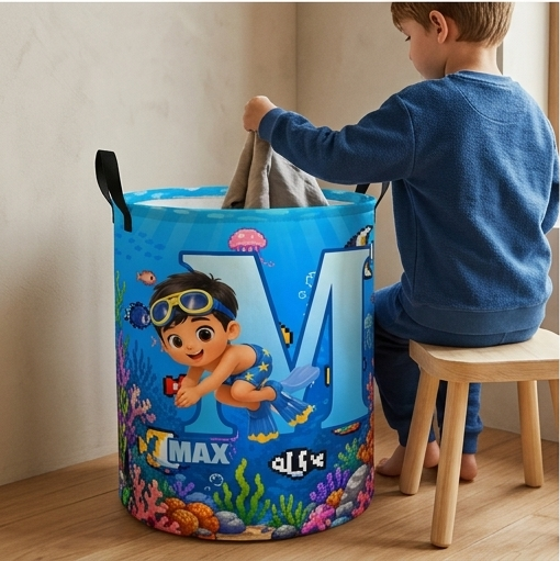 Personalized Kid Initial Laundry Basket Ocean Underwater Scuba Diver K