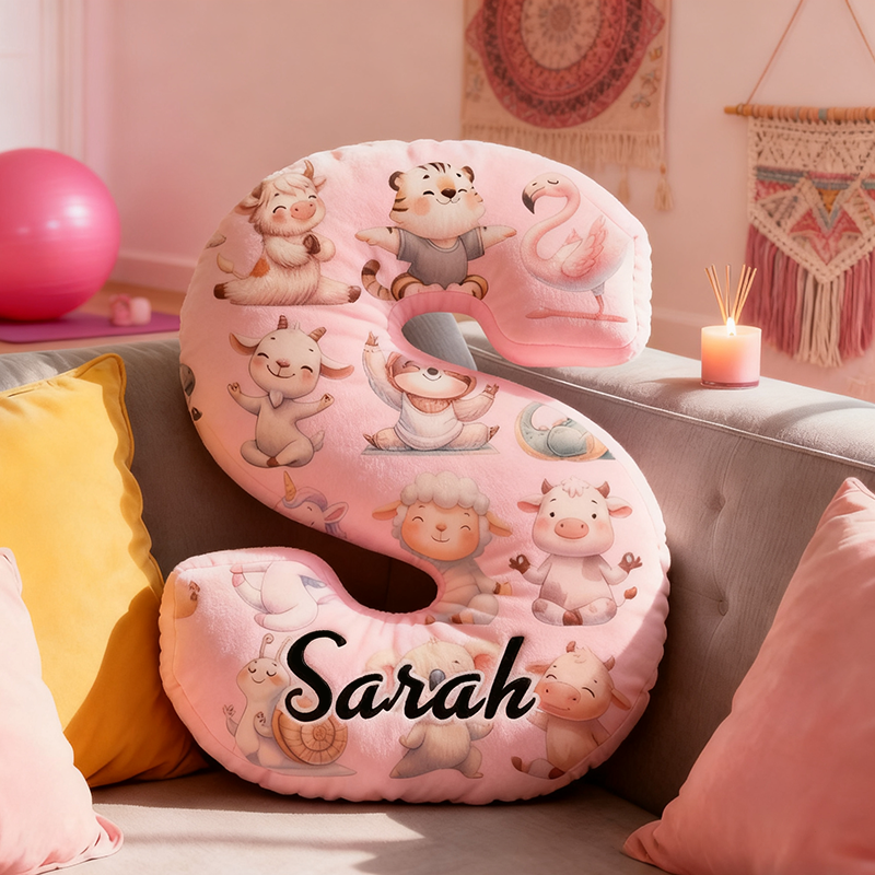 Personalized Yoga Letter Pillow Funny Yoga Pillow Custom Name Cushion with Cute Animal Yoga Poses Graphic 3D Print Soft and Fun Gift for Yoga Enthusiasts and Kids Room Decor