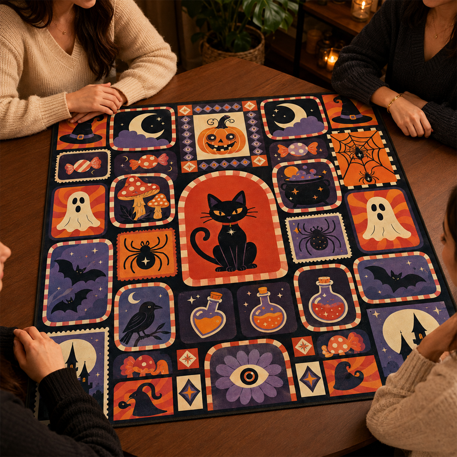 Retro Halloween Patchwork Mahjong Mat Vintage Black Cat & Spooky Icon Grid Design Square Game Table Pad for Mahjong & Cards
