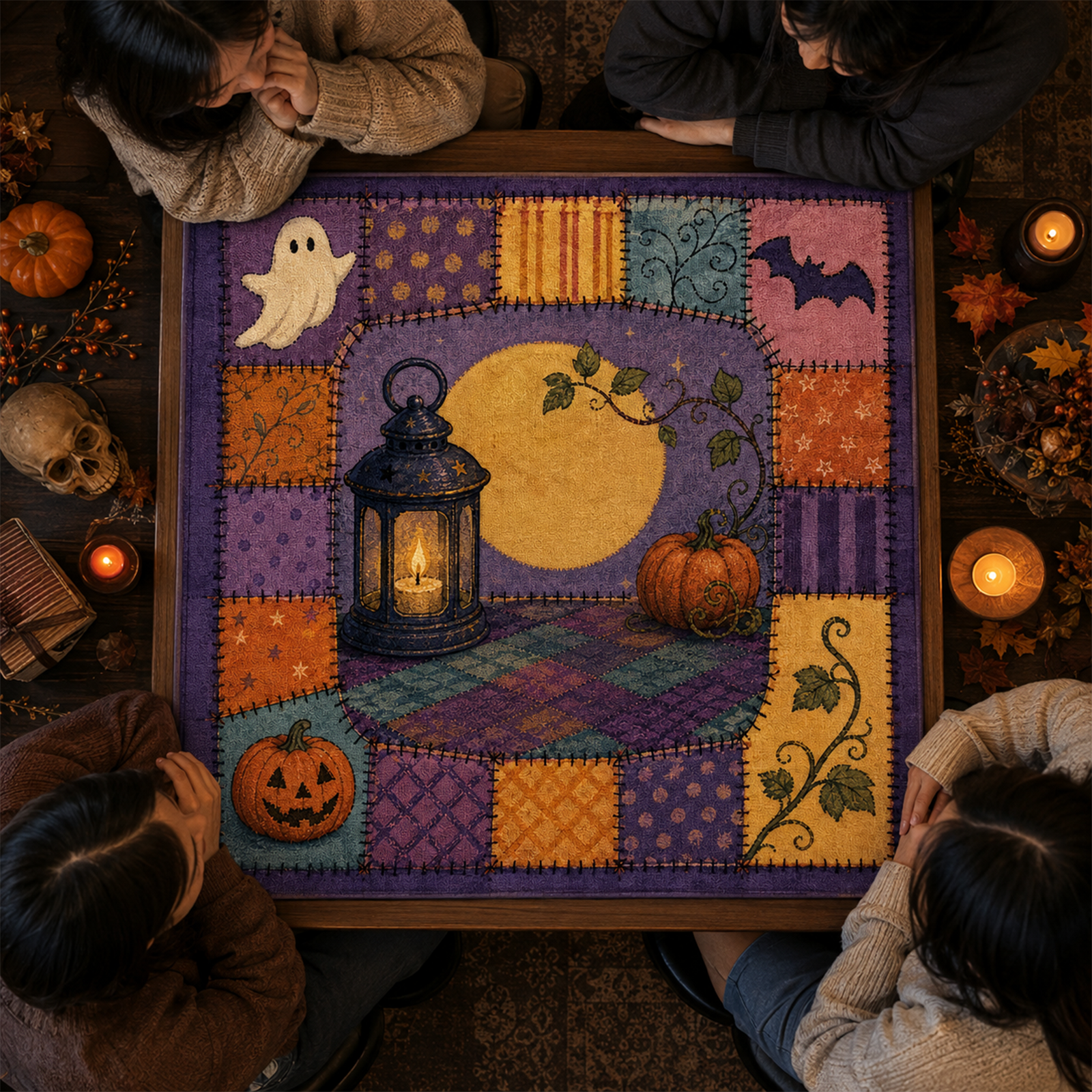Halloween Patchwork Quilt Mahjong Mat Cozy Folk Art Design with Mahjong Tiles Lantern & Moonlight Square Game Table Pad