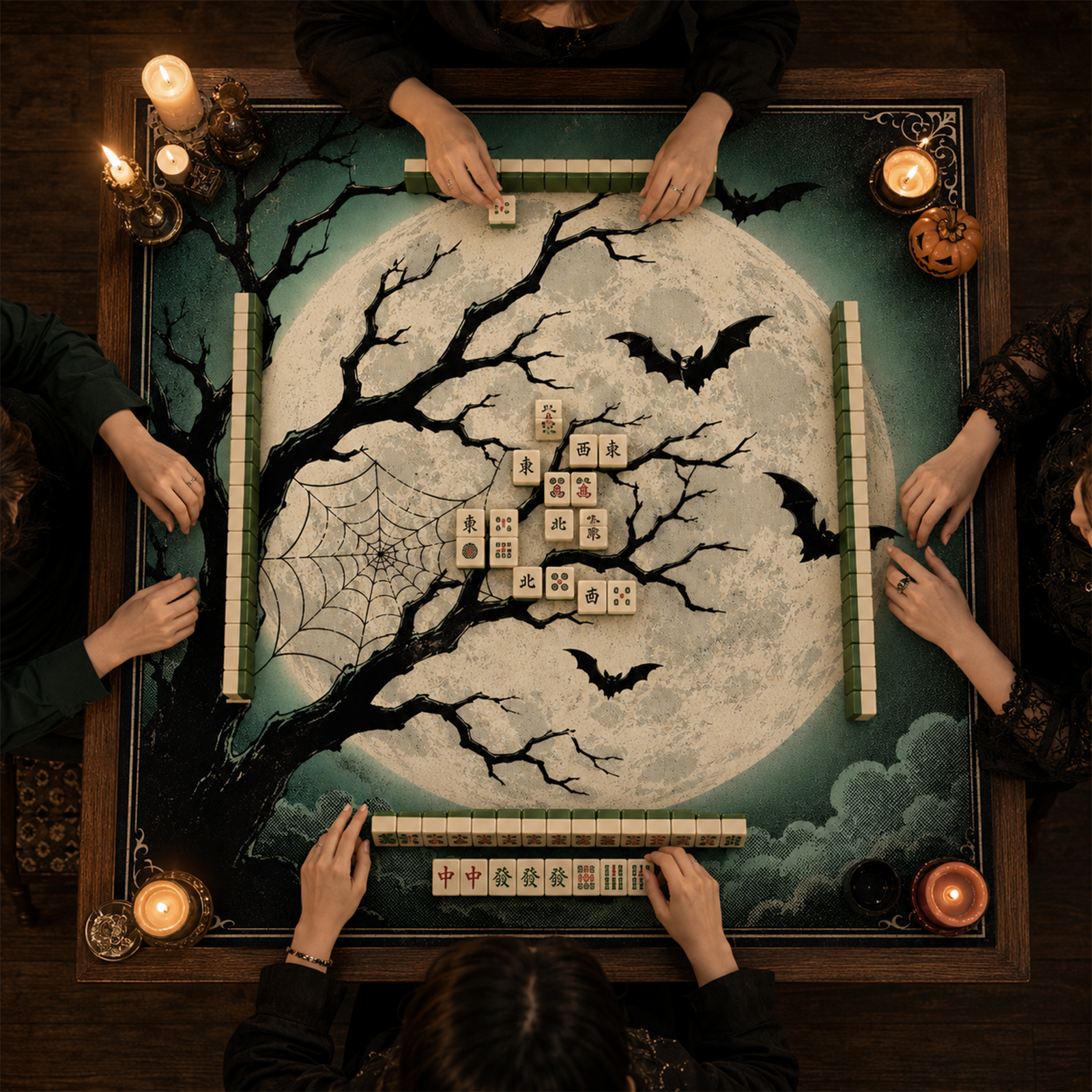 Full Moon & Bats Mahjong Mat Vintage Gothic Halloween Night Design with Dead Tree & Spiderweb Dark Art Square Game Table Pad