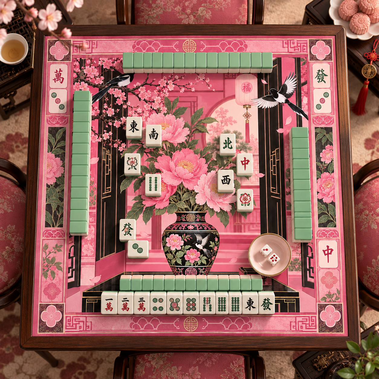 Pink Peony Mahjong Mat Oriental Blossom Edition