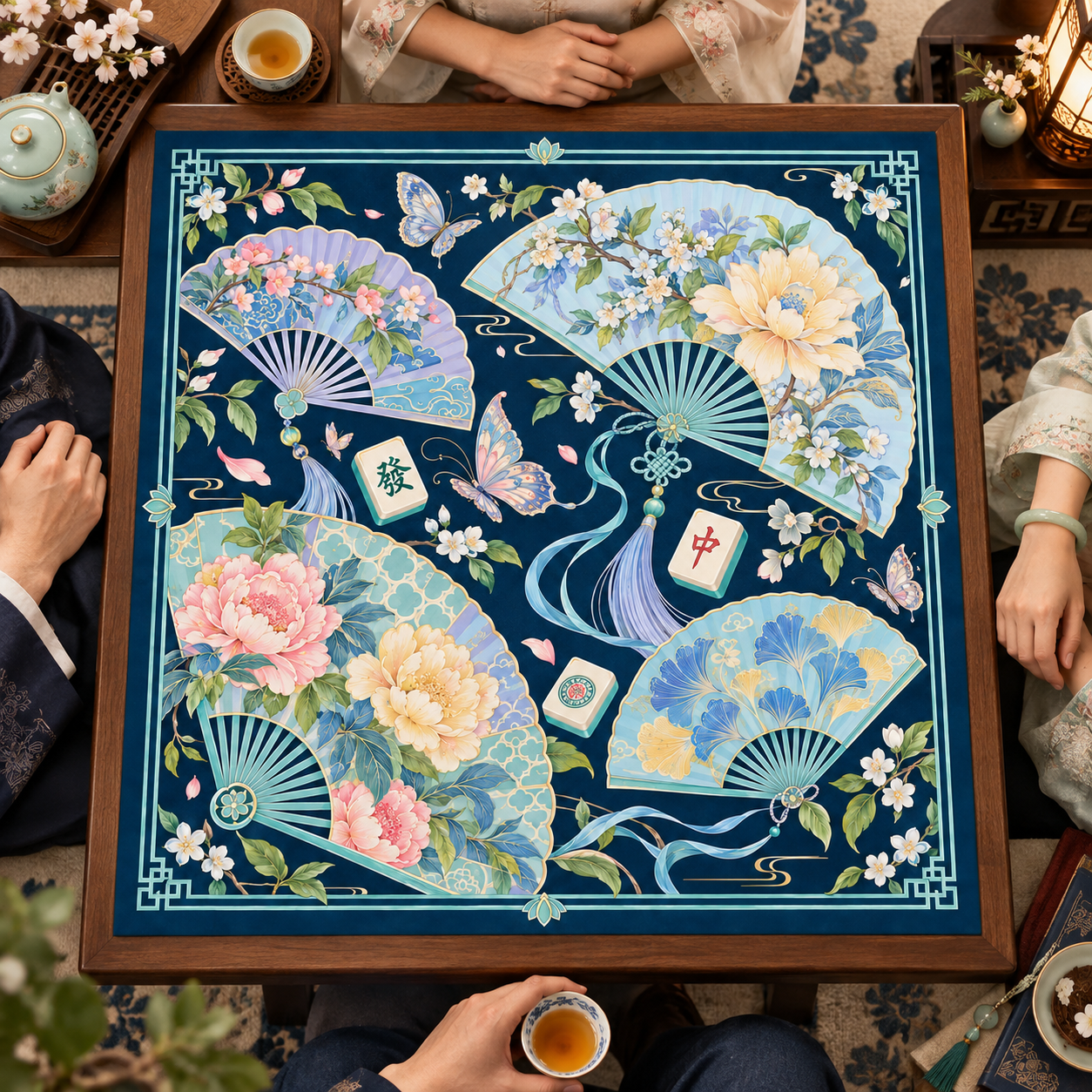 New Chinese Style Floral Shadow Folding Fan Mahjong Mat